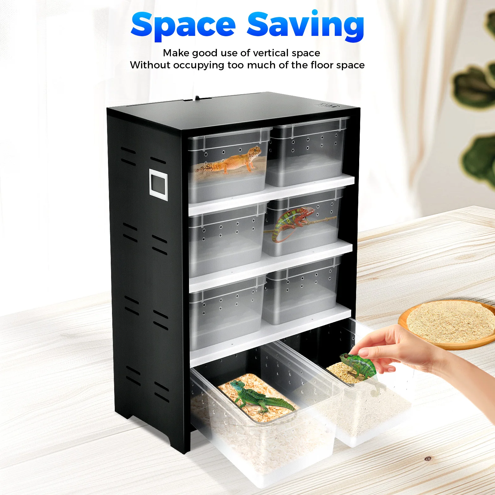 Reptile Breeding Cabinet with 8 Clear Boxes, 25W Heating Pad, Thermometer, for Spiders, Lizards & Small Reptiles, Space-Saving