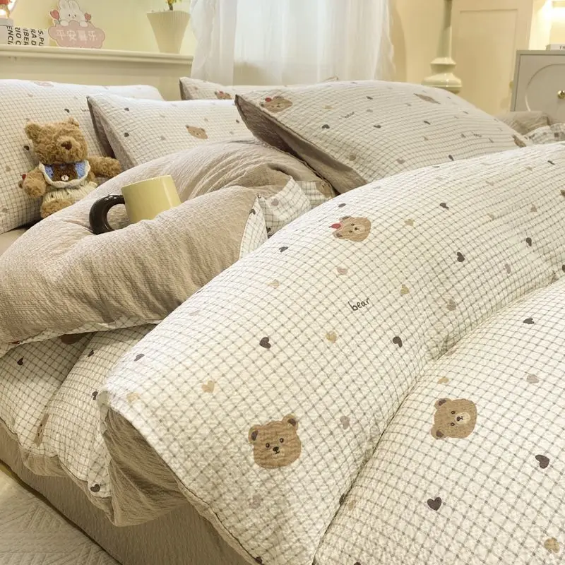 A-Class Puff Double-Layer Yarn 4-Piece Bedding Set - Breathable All-Season Dorm/Washable cotton Soft & Comfortable