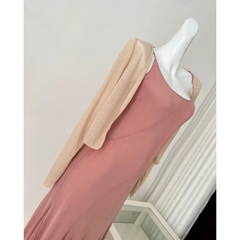 Pink Suspender Skirt Cardigan Women Spring New French Style High-Grade Slim Slimming Sheath Long Skirt Suit