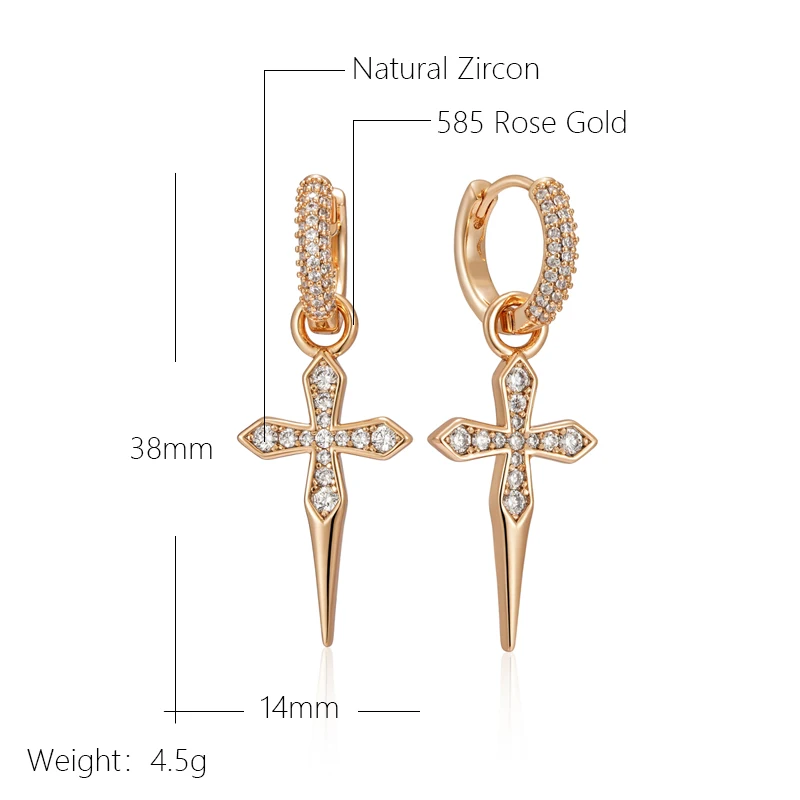 Kinel Luxury Cross Dangle Earrings for Women 585 Rose Gold Color With Natural Zircon Accessories Vintage Daily Fine Jewelry