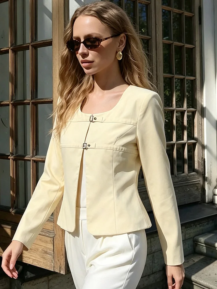 Tossy Square Neck Blazer Cropped Long Sleeve Metal Buckle Slim Fit Solid Color Autumn Office Casual Structured Shoulder Blazer