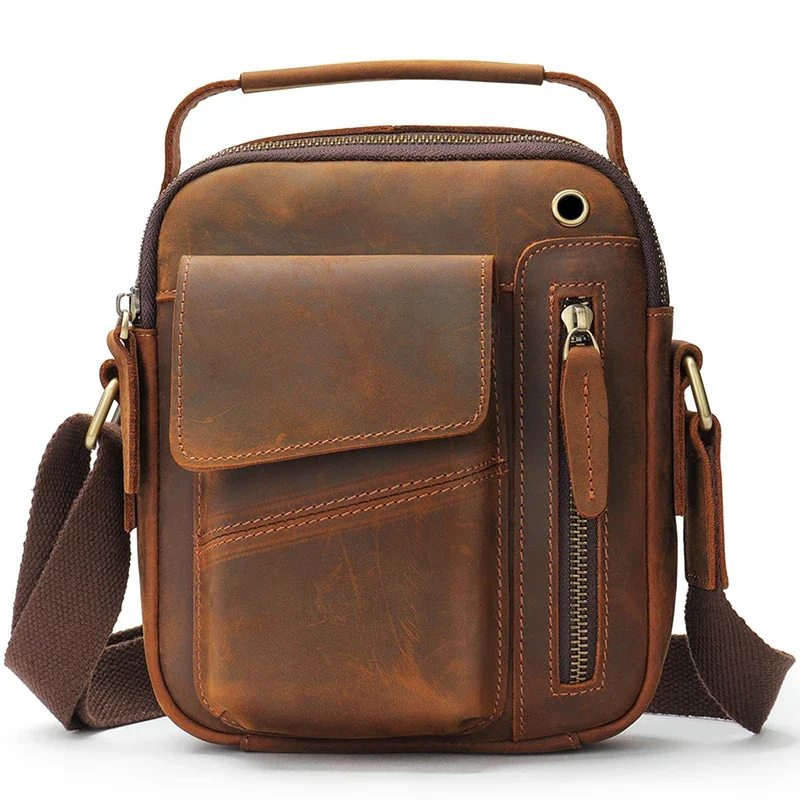 

Men's Crossbody Mobile Phone Package Vertical Small Square Crazy Horse Genuine Leather Earphone Hole Large Capacity Shoulder Bag