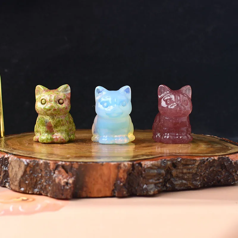1PC Natural Crystal Carved Sit Cat Healing Stone Crystal Figurines Reiki Gemstone Crafts Home Decoration Children DIY Gift