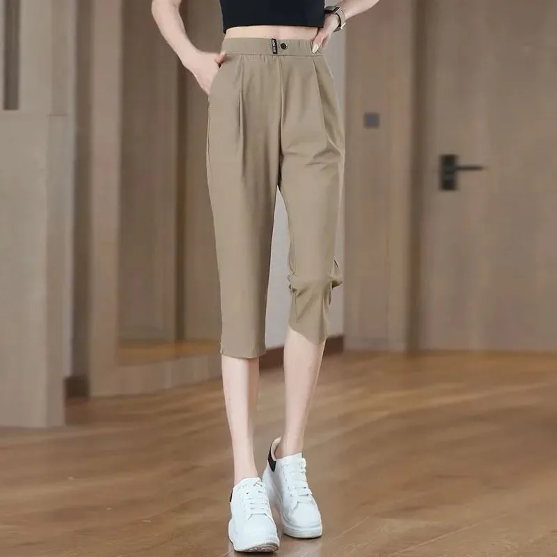 Women's Ice Silk 7/8 Split Pants Summer Quick Dry Loose Slim Harem Cropped Trousers