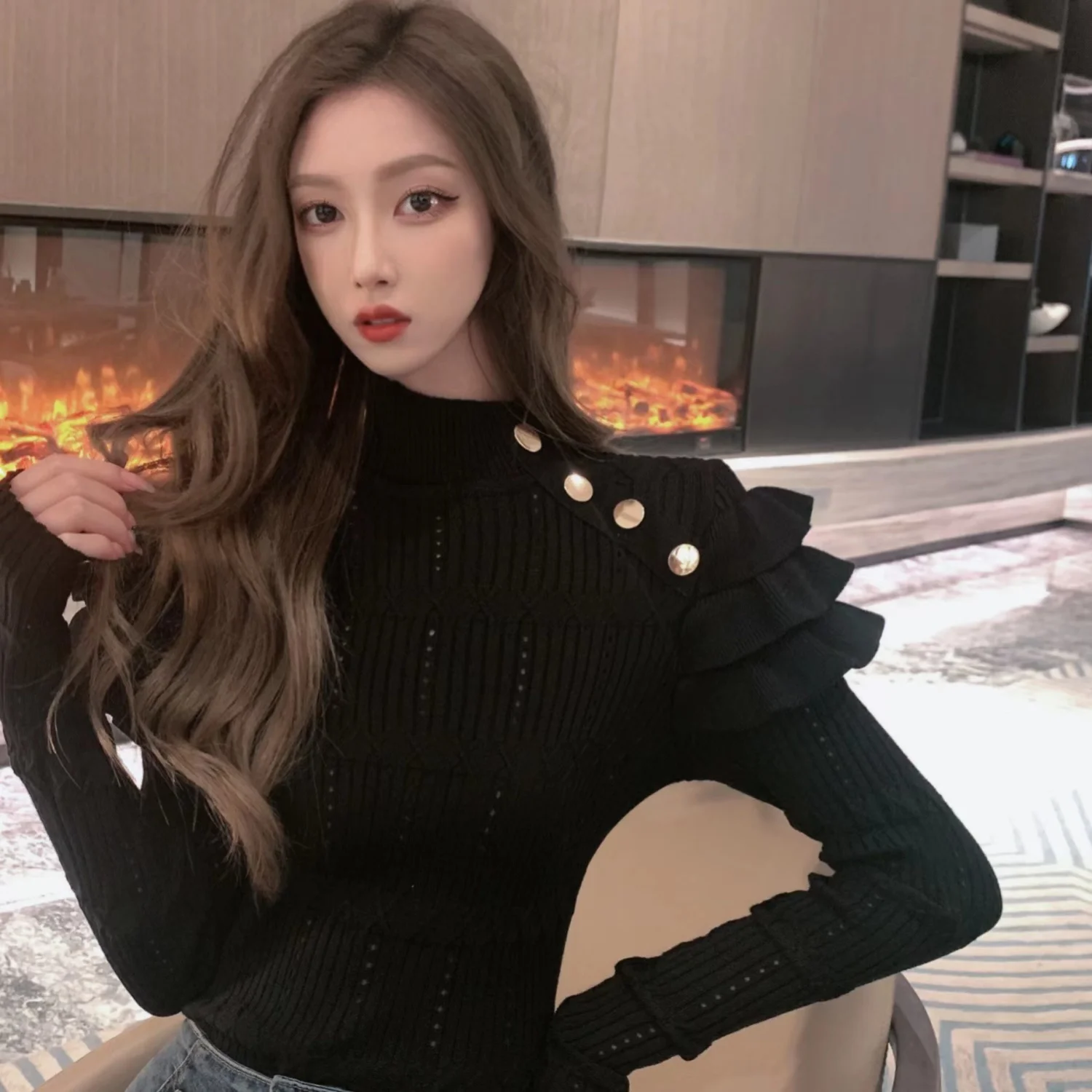 

​ ​ Многослойный свитер с кружевной отделкой и воротником-стойкой, женский зимний вязаный топ, прозрачный шикарный дизайн, облегающий корректирующий одяг, вдохновленный незаменимый ​ ​