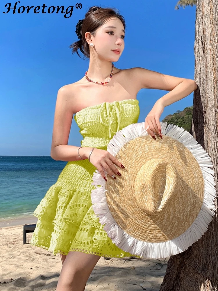 Horetong vestido sem alças, múltiplas camadas, bordado, babados, cintura alta, elástico, mini vestidos femininos, vestido de férias de verão