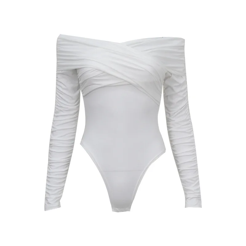 Combinaison élégante à épaules dénudées, col en V, manches longues froncées, taille haute, ajustée, pour soirée de fête