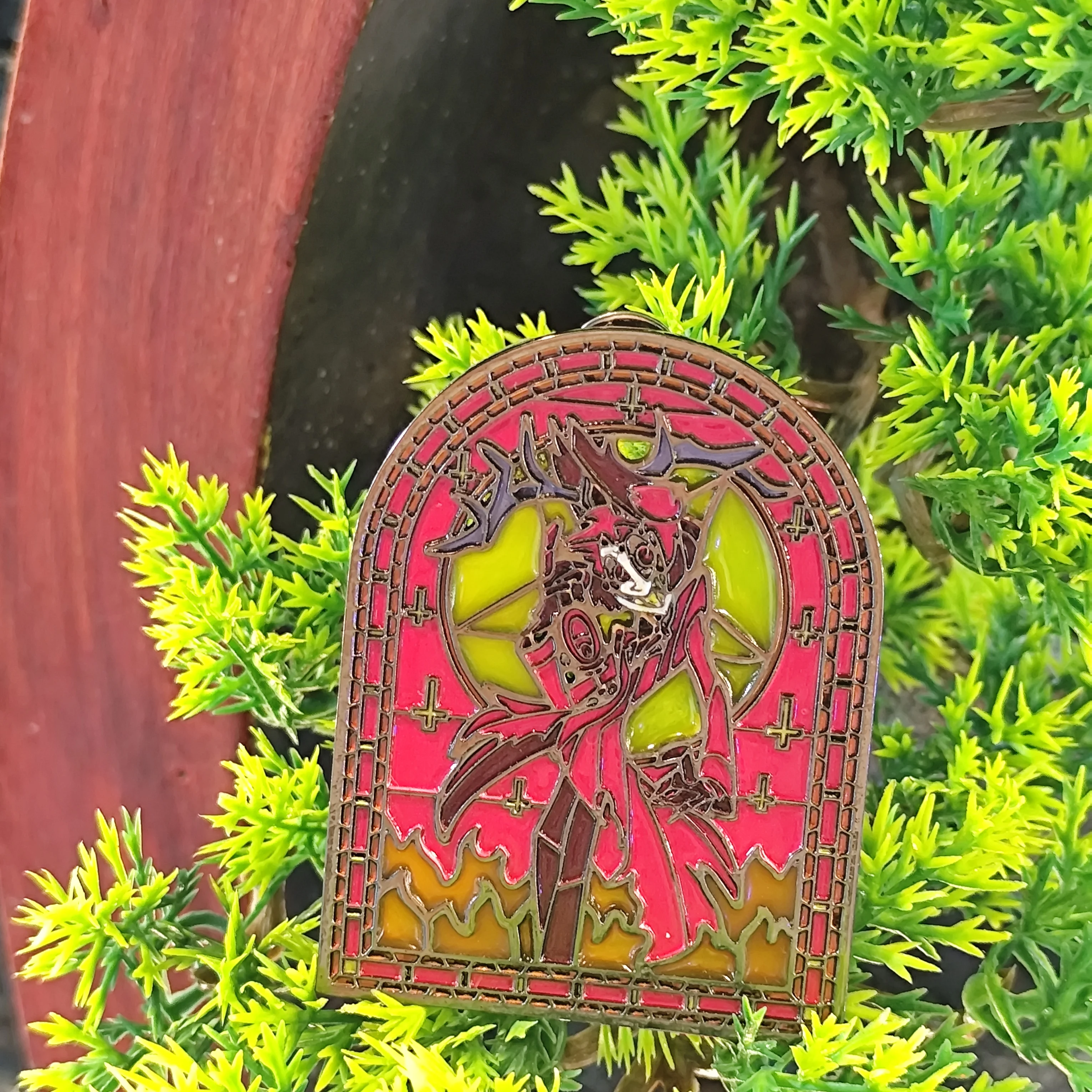 Unique Enamel Pin with a Gothic Character in a Stained - Glass Frame. Vivid Colors, Intricate Design.