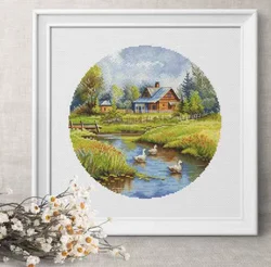 Summer in Village Round 16CT 18CT 14CT Unprinted Top Quality Cross Stitch Kits Embroidery Art DIY Handmade Needlework Home Decor