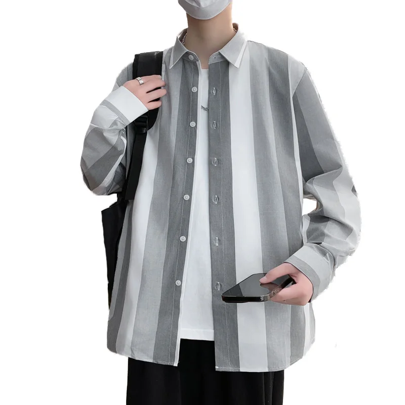

Men's Trendy Long Sleeve Shirt - Spring Summer Color-Block Light Business Casual Stripe Shirt, Minimalist Style Utility Wear