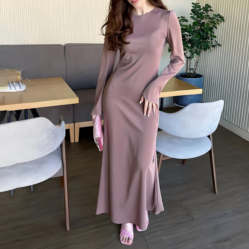 Elegant Pure Color Long-Sleeved French Dress round Neck Waist Design New European And American Style Women's Dress