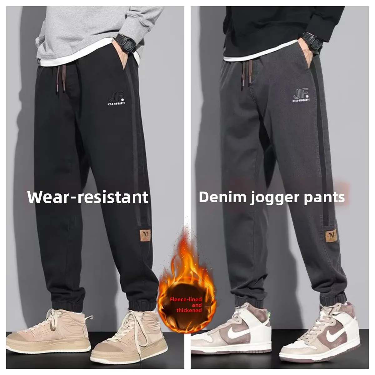 

Thiened Fce Lined Cargo Workwear Pants Men's Autumn Winter Warm Loose Trousers with Elastic Waist Stripe Design Casual S...