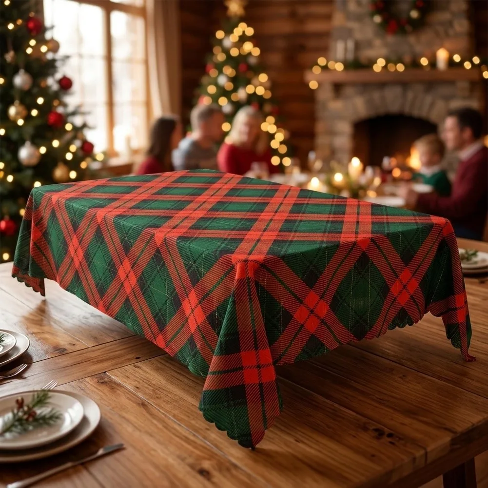 Plaid Tablecloth 140x220cm Polyester Holiday Design Scalloped Hem Red Black or Green Red for Festive Table Setup
