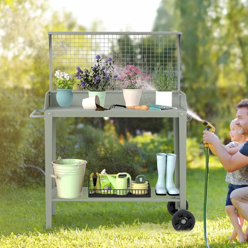 

Outdoor Metal Potting Bench with Wheels, Heavy Duty Garden Workbench Table with Storage Shelf (Green, 52.8"x36.6"), Customized