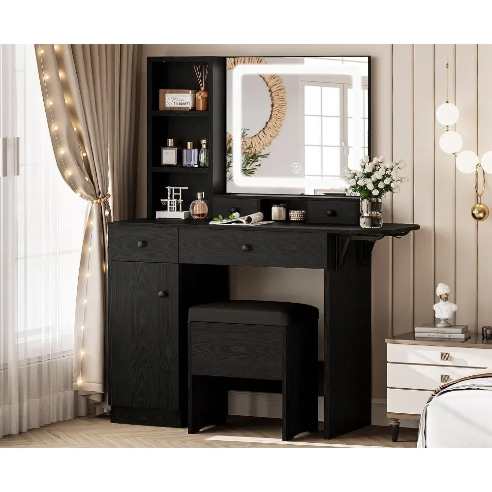 Black Vanity Desk com gavetas, espelho iluminado LED, tomada de energia, mobília do armário, fezes de armazenamento, armários para quarto, moderno