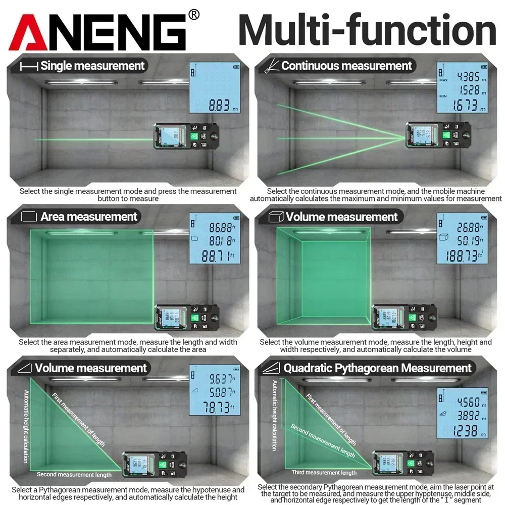 ANENG G50/G70/G100/G120 Smart High-precision Laser Rangefinder 30 Set of Data Storage Autonomous Calibration Multi-function Tool