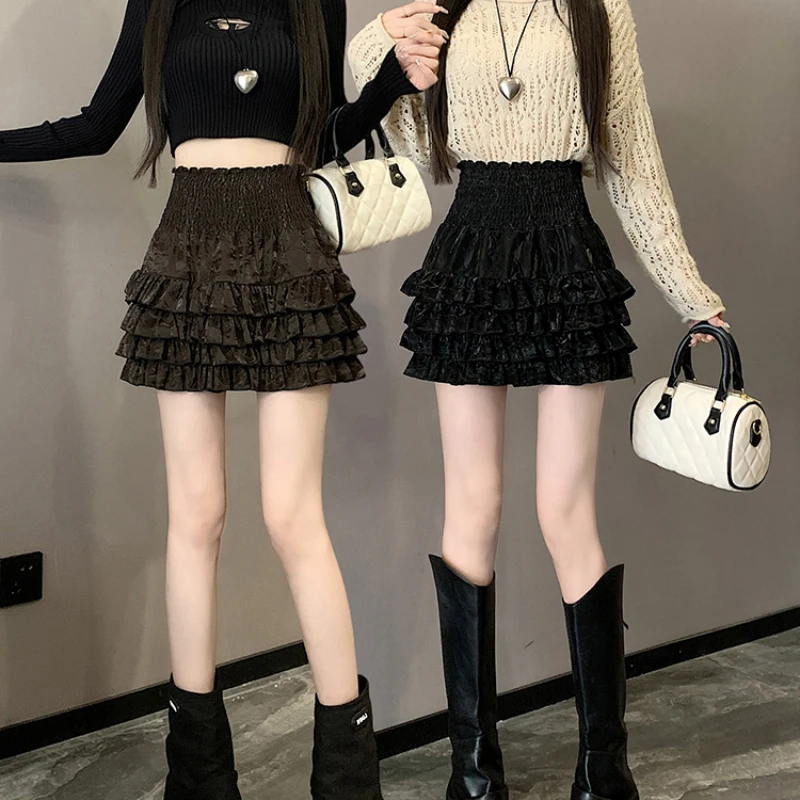 Women's Skirt Solid Color Pu Leather Spring and Autumn High Waist a-Line Hip Loose Casual Simple Puffy Pleated Fashion All-Match