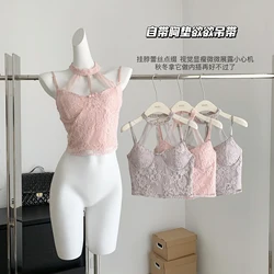 Women's Vintage Halter Neck Lace Pink Crop Top 90s Camisole Sleeveless Off Shoulder Vest Y2k Tank Tops Corset Top 2000s Clothes