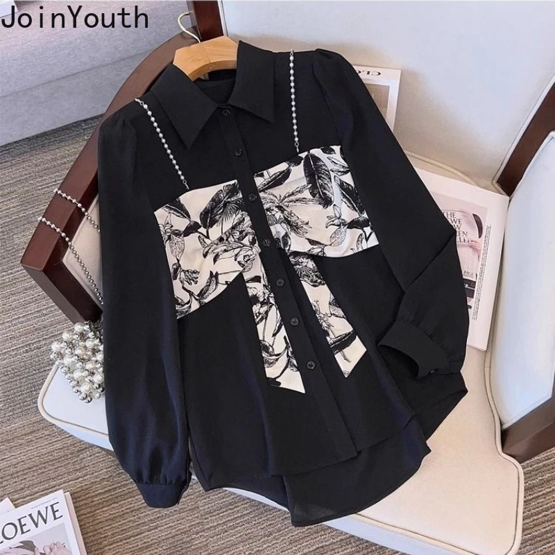 Fake Two Women Shirts 2024 Camisas De Mujer Long Sleeve Patchwork Print Blouses Beading Fashion Korean Blouse Tops Female 27y433