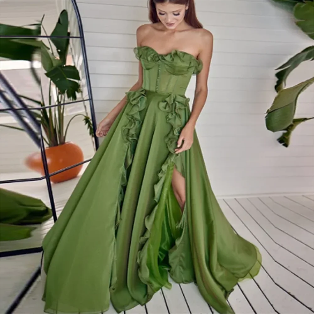 

Musetta Green Strapless Backless Lace Up Women Formal Party Gown Lovely Long Prom Dress Ruffles High Side Split Evening Dresses