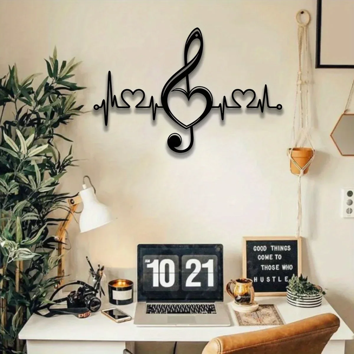 CIFBUY Music Note Heartbeat Metal Wall Art Treble Clef Heart ECG Line Metal Wall Decor Black Cutout Metal Sign for Music Room