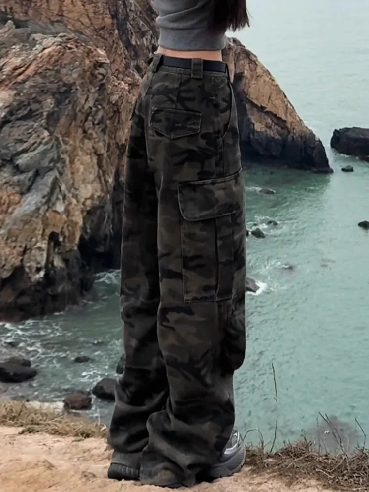 

Retro Design Sensation Women's Work Pants Autumn New Loose Straight Multi-ket Wide Leg Casual Camouflage Trousers Trendy