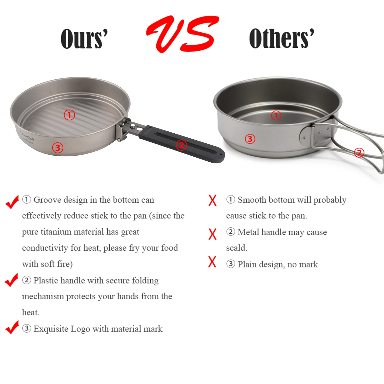 Lixada frigideira de titânio ultraleve 1100ml, frigideira com alça dobrável para cozinhar ao ar livre, acampamento, caminhadas, mochilão