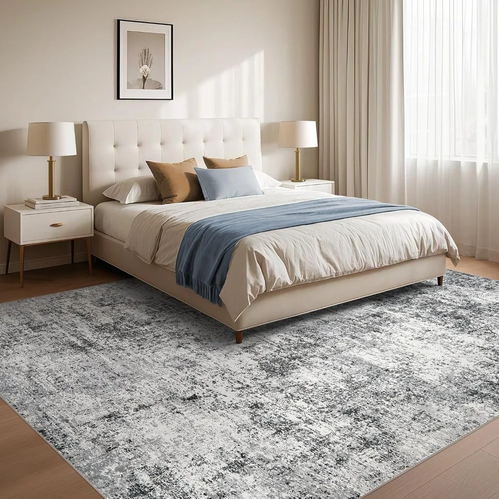 Stylish 9x12 Non-Slip Area Rug: Modern Abstract Design, Soft Neutrals, Thin & Stain Resistant Carpet for Living Room