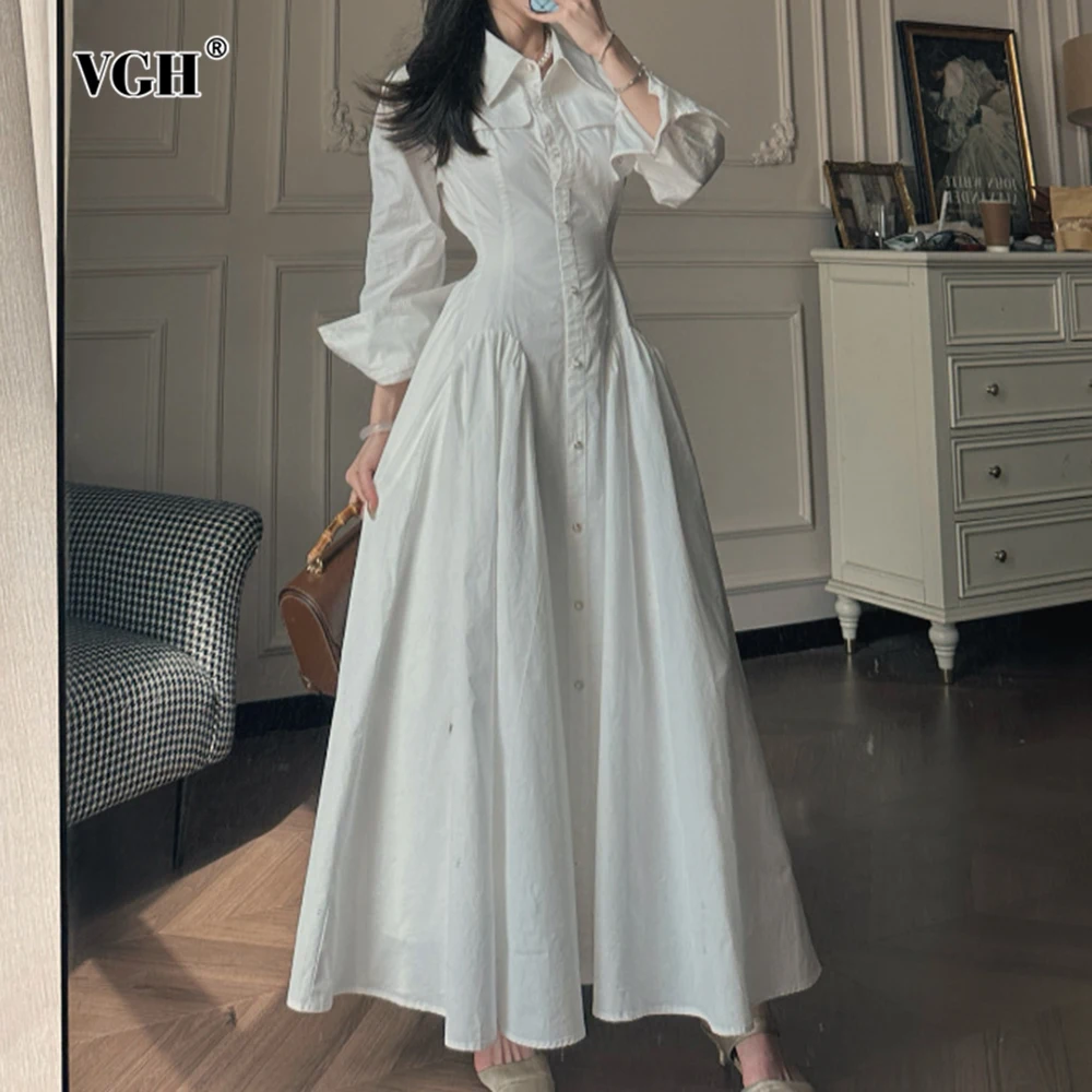 VGH French Style Vintage Solid Shirts Dresses For Women Lapel Long Sleeve High Waist Slimming Elegant Dress Female Fashion New