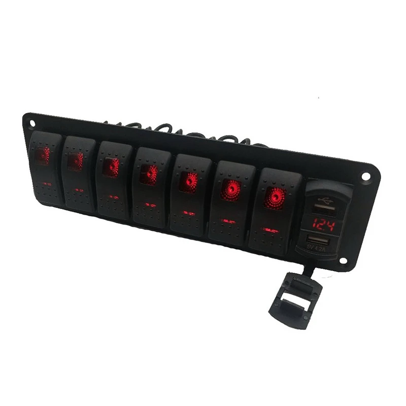 Car Waterproof Marine Boat Rocker Switch Panel 8 Gang 12V/24V Circuit Breaker Dual USB Slots Light Button