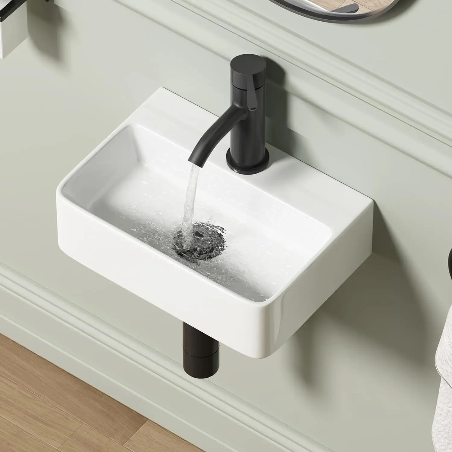 

Wall Hung Bathroom Vessel Sink, 14.5" X 10" Rectangular Floating Ceramic Wash Hand Basin White Wall Mount Vanity Sink for
