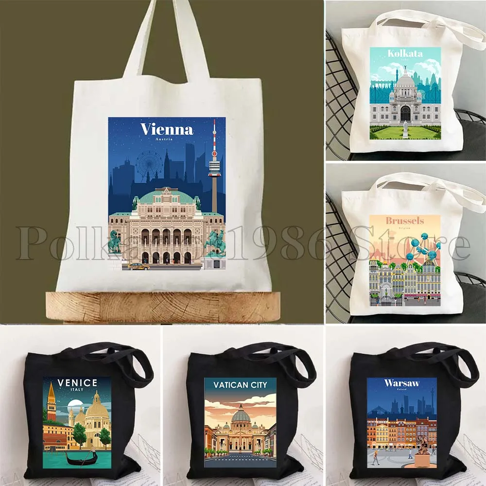 Сидней Тадж Махал Венеция Вена Вена Брюссель Варшава Сингапур София Стокгольм Юреван Город Холст Большая Сумка Хлопковая Сумка-шоппер