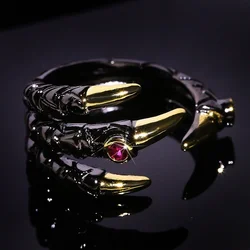 Vintage Metal Dragon Claw Ring for Men Personality Punk Two Tone Inlaid Pink Zircon Demon Ring Party Jewelry