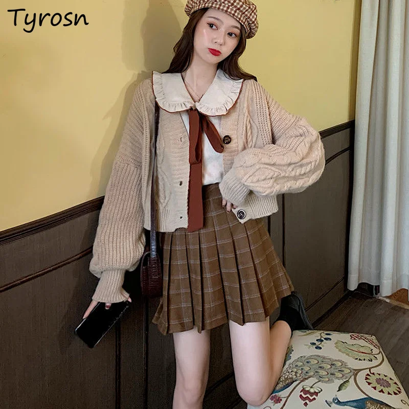 

Women Sets 3Pcs Cropped Cardigan Sweaters Peter Pan Collar Shirts Sweet Girls Preppy Style Plaid Mini Skirts Retro Winter Lovely