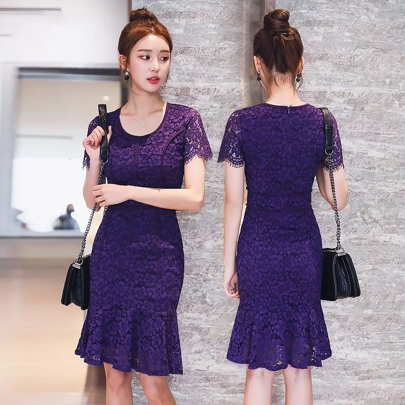 

Spring and Autumn 2023 new long-sleeved buttock wrapped lace dress for women slim and thin with bottom fishtail