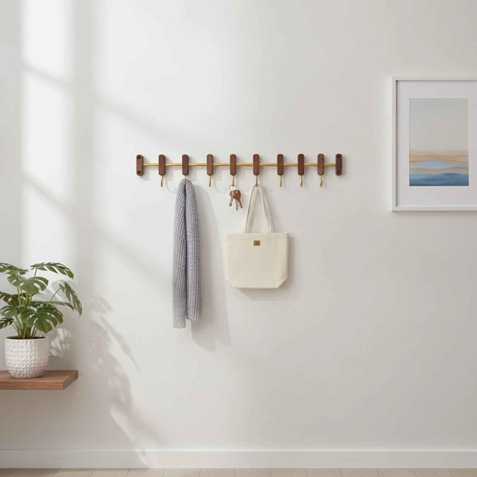 Wall Coat Rack with Sliding Hooks Space-Saving Wooden Hook Rack with Metal Rod Adjustable Wall Hanger Stylish Organizer view 3