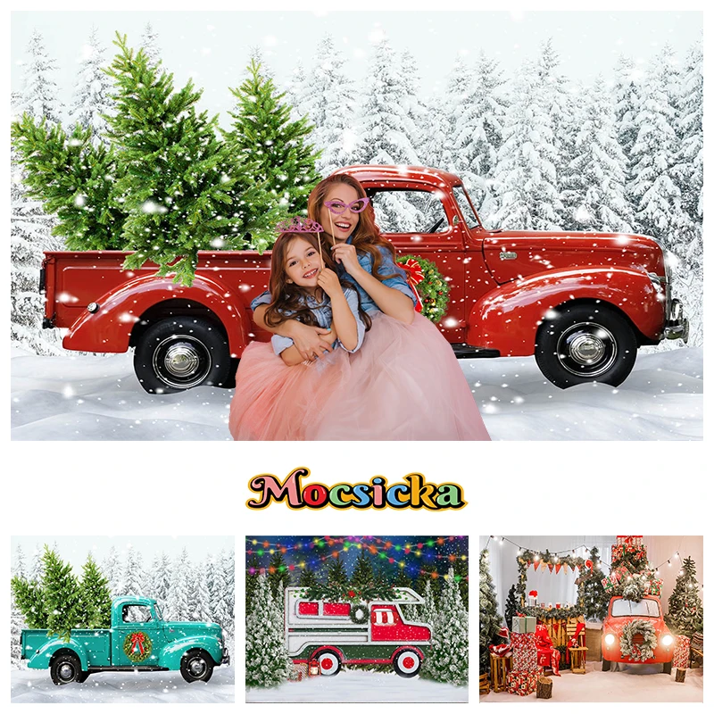 

Mocsicka Winter Christmas Decoration Photography Backdrop Truck Tree Forest Car Props Kids Portrait Background Studio Photozone