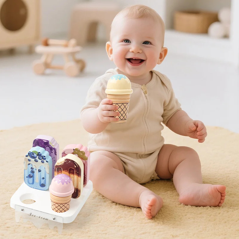 مجموعة الآيس كريم الخشبية للأطفال ألعاب التظاهر المطبخ الآيس كريم المخروط ألعاب أطفال التعلم المبكر لعبة تعليمية مونتيسوري