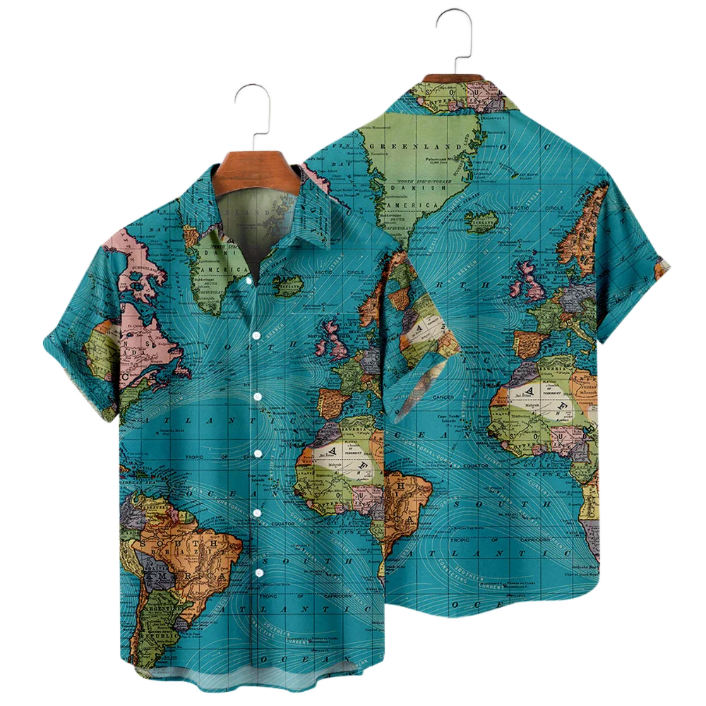 Summer Men\'s Shirts World Map Digital Printing Oversized Buttons Short Sleeves Loose Casual Slim Fit Shirts Fashion European Siz