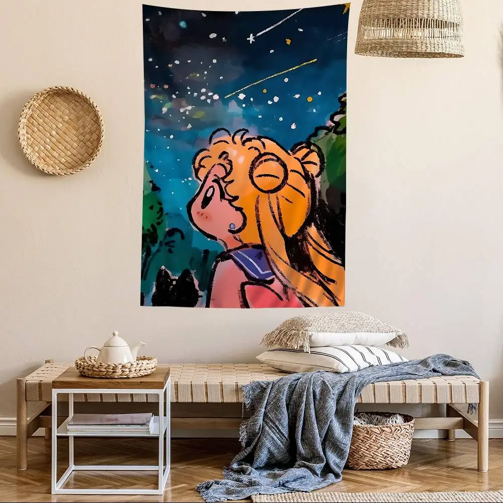 S-Sailores Cute Girl Moon Hippie Wall Hanging Tapestries Bohemian Wall Tapestries Mandala INS Home Decor