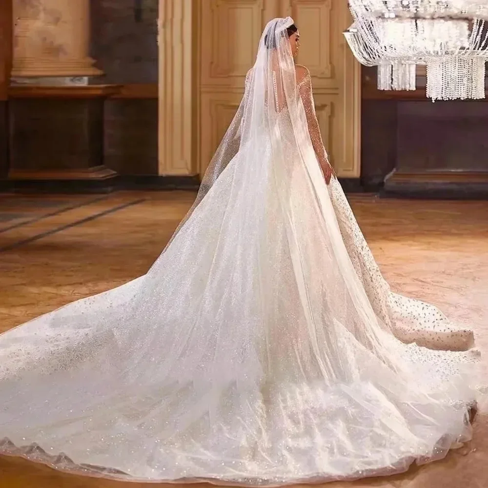 

CustomizedLuxury Ball Gown Wedding Dresses O-Neck Long Sleeve Bridal Gown Court Train Vestido De Noiva