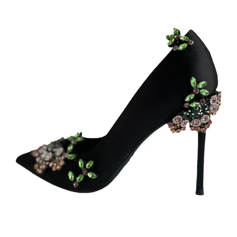 Women's Pointed Toe Satin High Heels Colored Diamond Embellished Flowers Diamond Stiletto Pumps Banquet Shoes Footwear Size 42