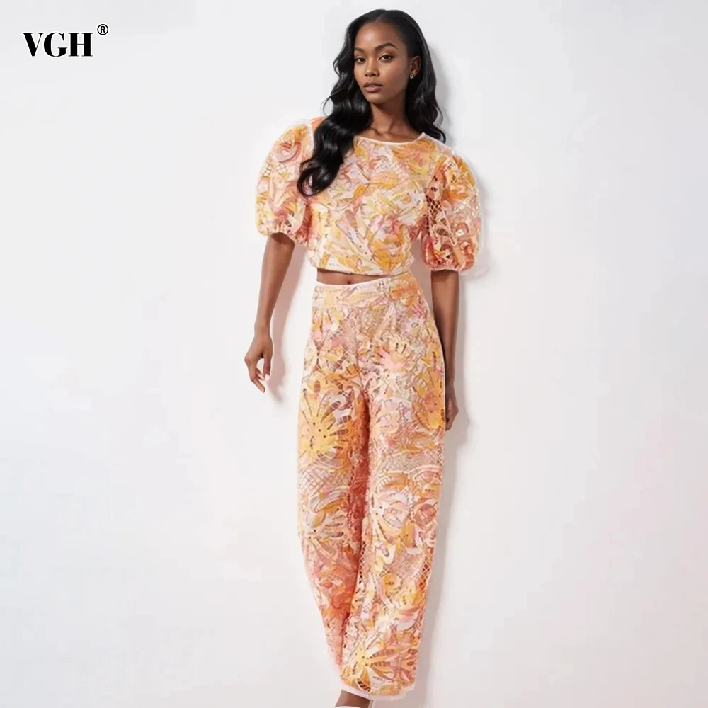 VGH Hit Color Two Piece Set For Women Round Neck Puff Sleeve Spliced Lace Up Tops High Waist Straight Pants Casual Sets Female