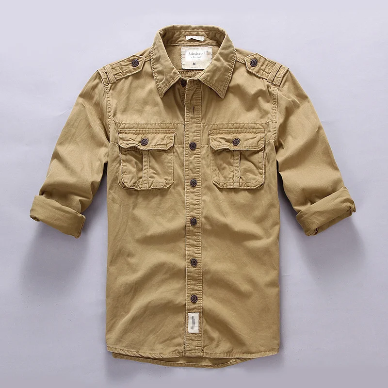 Washed Cotton Men\'s Shirts Jacket Spring Autumn Button Down Workwear Thin Jacket With Chest Pockets Safari Style Outwear Coats