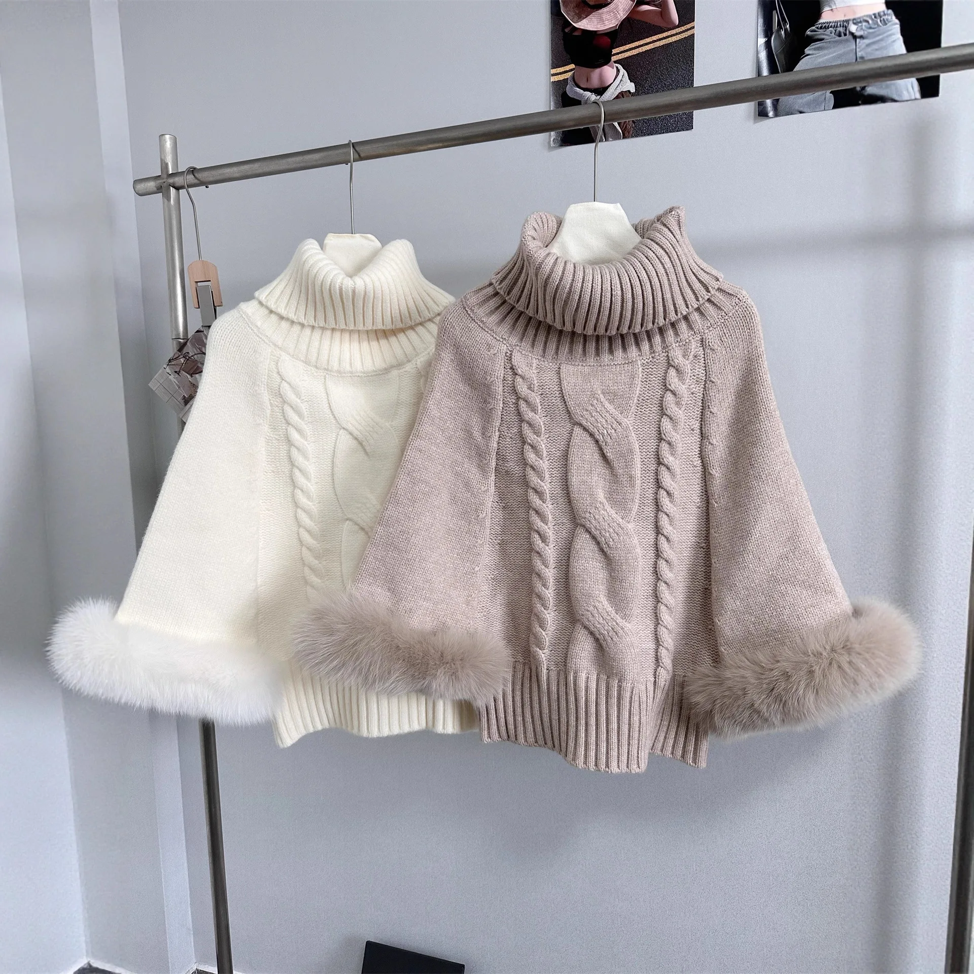 

Cape Shirt Loose Turtleneck Bottoming Shirt Cuffs Fox Hair One-word Shoulder Batman Sweater