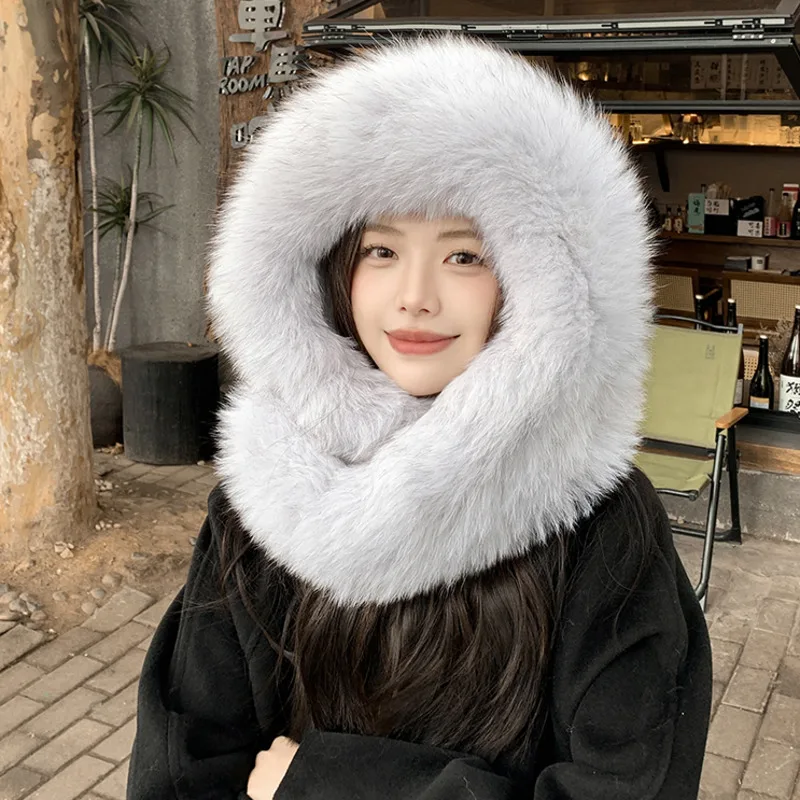 Real Fox Fur Hat For Women Winter Fashion Wind And Snow Hat Furry Fur Scarf Hat Outdoor Warm Thickened Hood Hat Natural Fur Cap