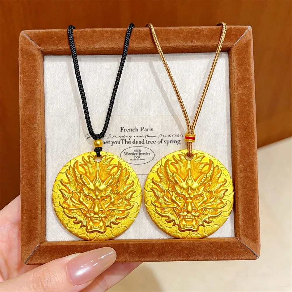 OUYADI Antique Finish 18K Gold Plated Chinese Dragon Round Pendant Necklace, Braided Rope Lucky Jewelry Gift