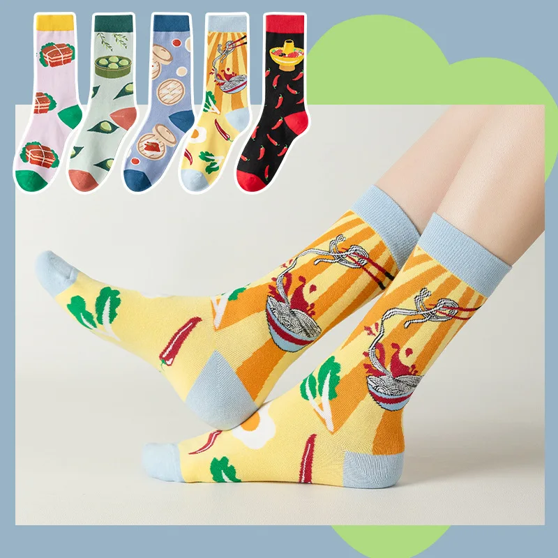 1 Pair Cotton Ins Trend Hotpot Noodles Fashion Black Yellow Women Socks Long Female Girls Street Ethic Style Dress Sox Autumn