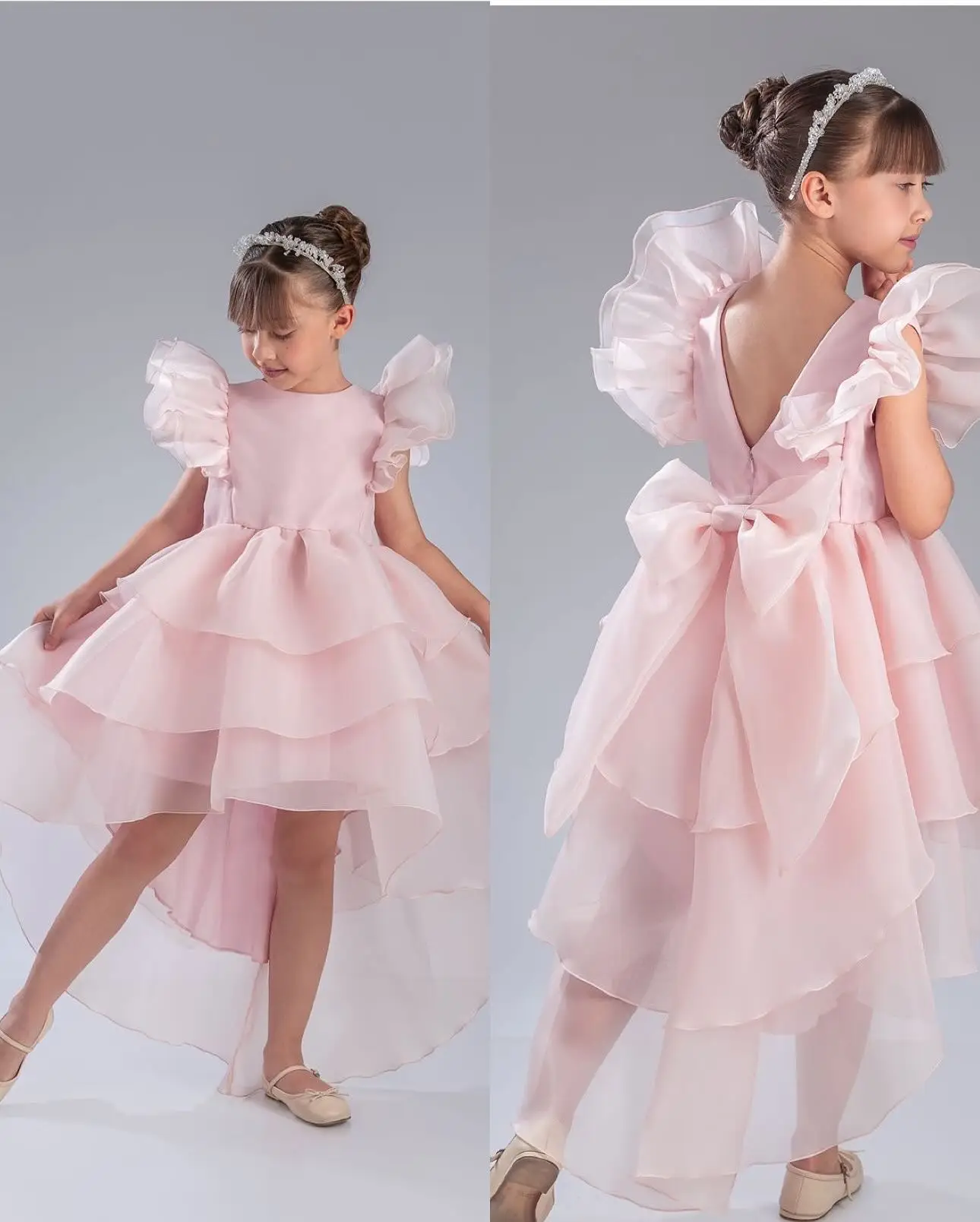 세련된 부드러운 오간자 공주 꽃 소녀 드레스 사랑스러운 플라잉 슬리브 보우 러플 투투 드레스 화려한 생일 파티 볼 가운
