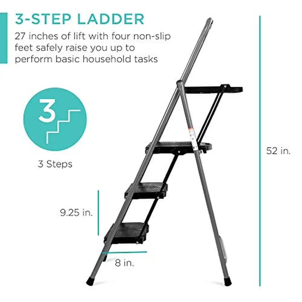 Portable Folding 3-Step Ladder with Utility Tray Anti-Slip Hand Grip Rubber Feet Caps 330lb Capacity